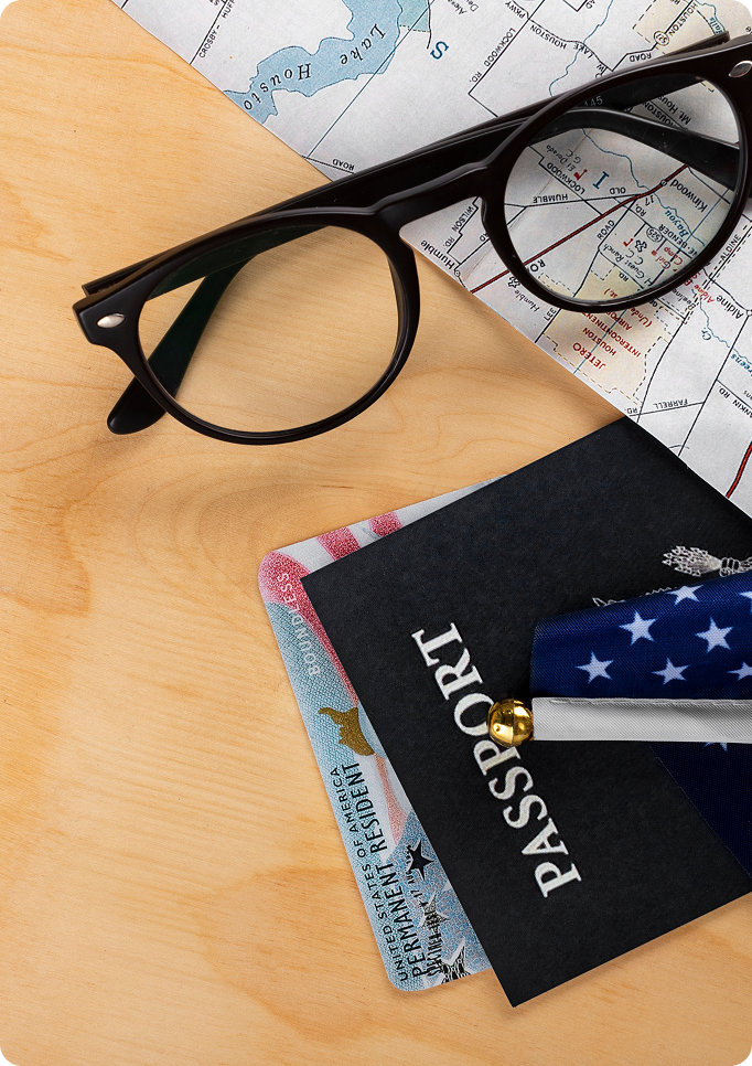 Passport, travel documents, and map for U.S. visa application and immigration services