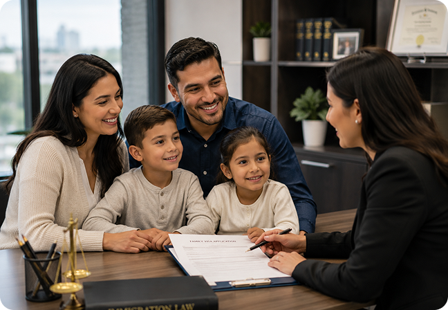 Immigration lawyer meeting with a family to discuss family-based immigration, Green Card applications, and legal services.