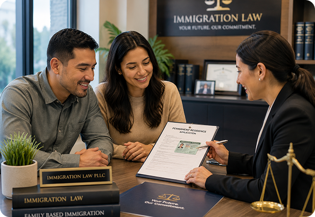 Immigration lawyer meeting with clients to review a permanent residency application and provide legal immigration services.