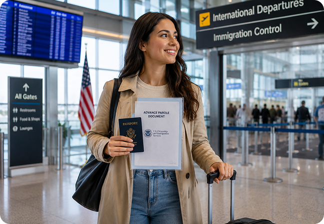 Traveler holding an Advance Parole document and passport at an airport for authorized U.S. immigration travel.