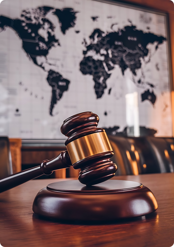 Judge gavel in international law office with world map background
