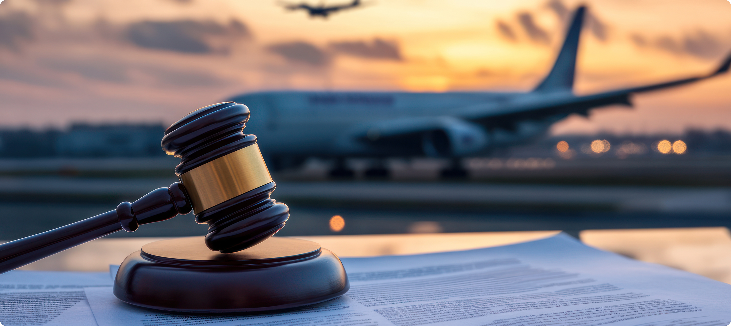 Immigration law gavel and legal documents with airplane at airport runway