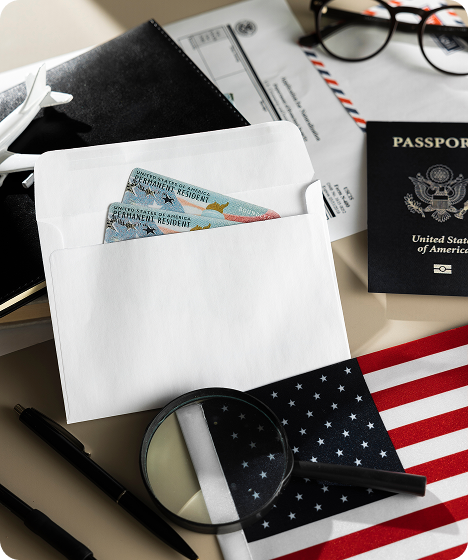 Permanent Resident Card with passport and immigration documents for U.S. visa processing and residency applications.
