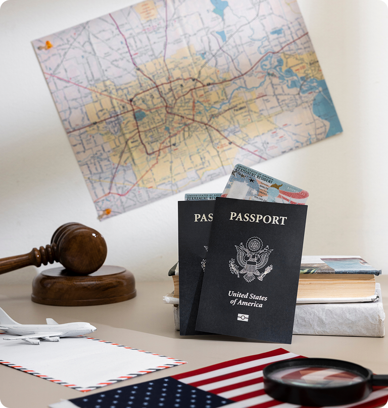 Passports, immigration documents, and legal gavel representing U.S. immigration services, visa applications, and residency assistance.