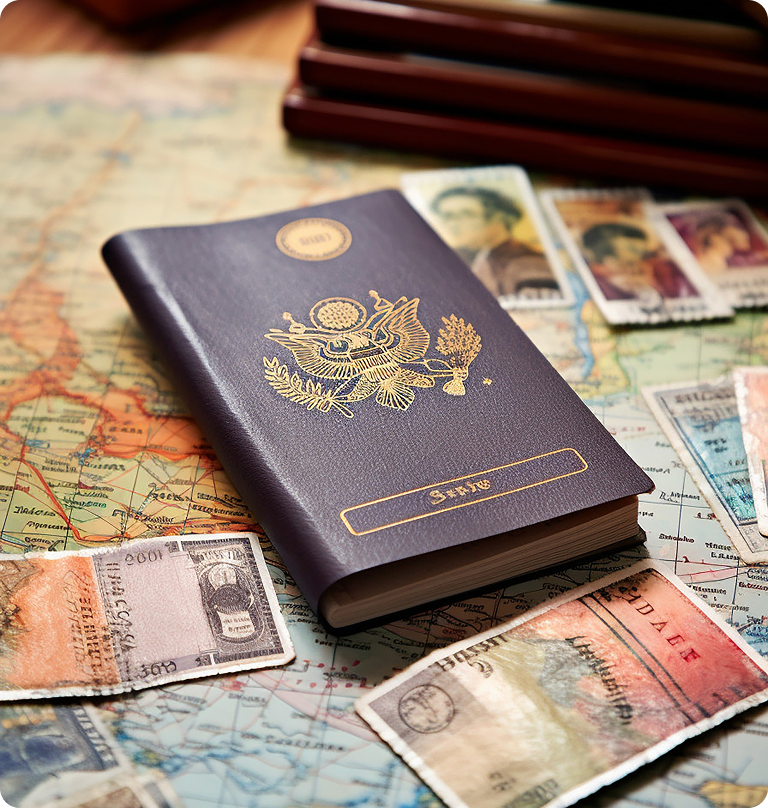 Passport placed on a world map with travel stamps representing international travel, visa processing, and immigration documentation.