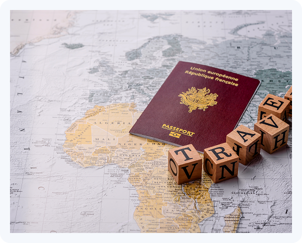 Passport on a world map with visa letter blocks symbolizing visa services, immigration support, and international relocation.