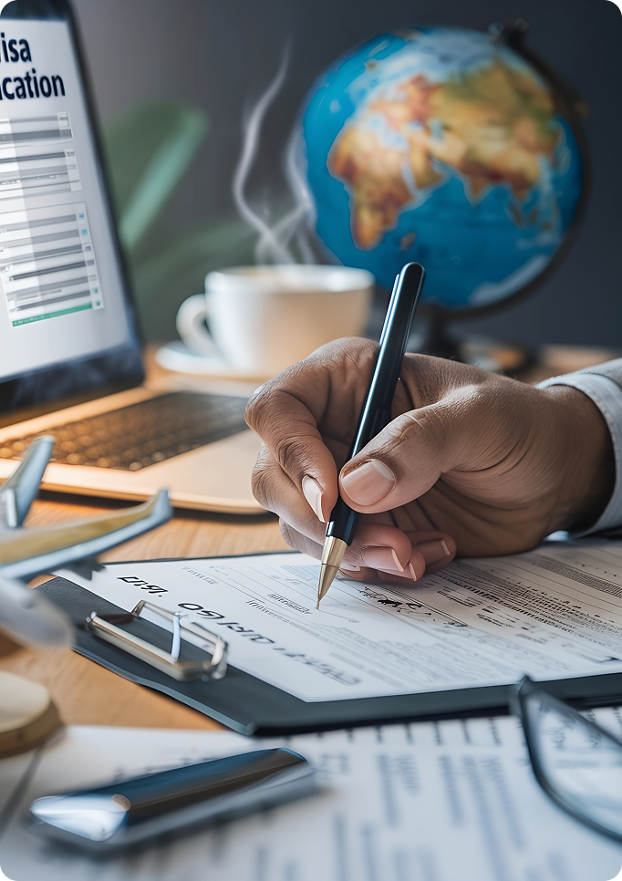 Person completing a visa application form with travel documents for immigration services and international travel.