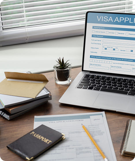 Online visa application form with passport and immigration documents for digital visa processing and immigration services.