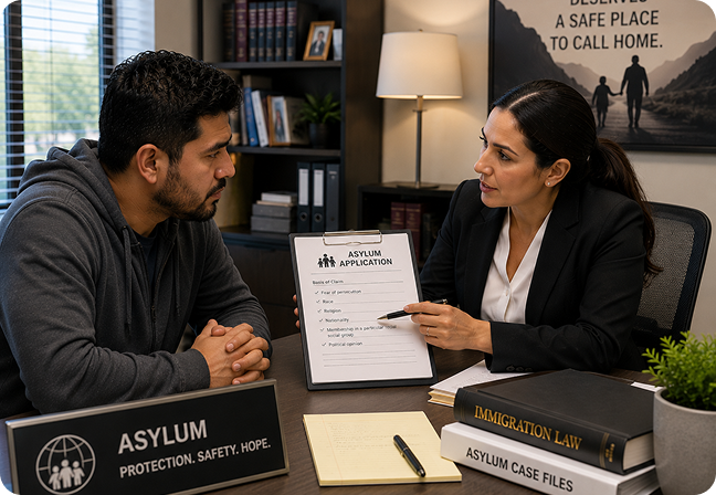 Immigration lawyer assisting a client with an asylum application and legal guidance for humanitarian protection.