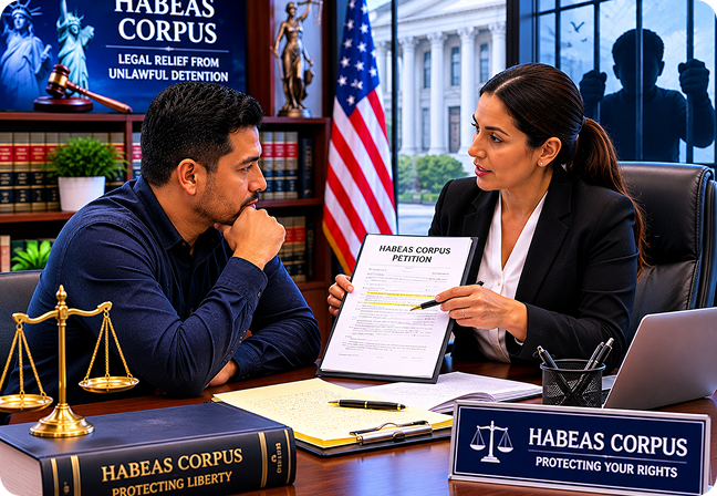 Immigration attorney assisting a detained client with a Habeas Corpus petition to challenge unlawful immigration detention.