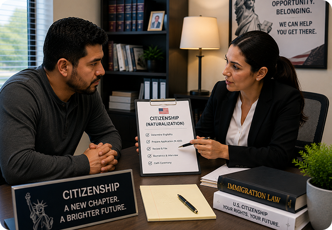 Immigration attorney guiding a client through the U.S. citizenship and naturalization application process.