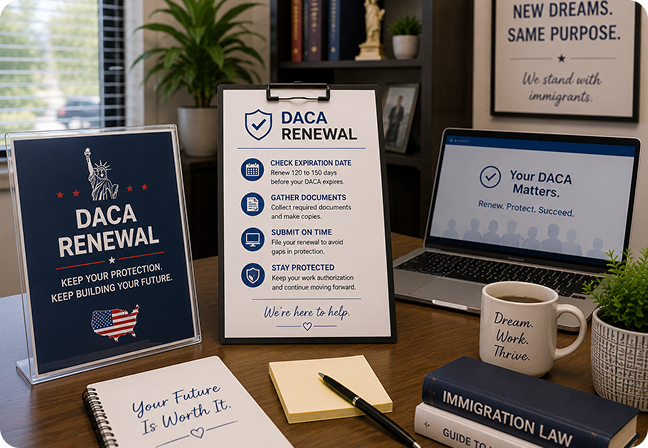 DACA renewal information and immigration documents for Deferred Action for Childhood Arrivals application assistance.