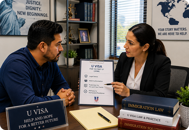 Immigration lawyer helping a crime victim apply for a U Visa, work authorization, and lawful immigration status.
