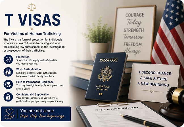 T Visa application services for victims of human trafficking seeking legal protection, work authorization, and permanent residency.