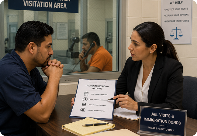 Immigration attorney explaining immigration bond options during a jail visit consultation for detainees and their families.