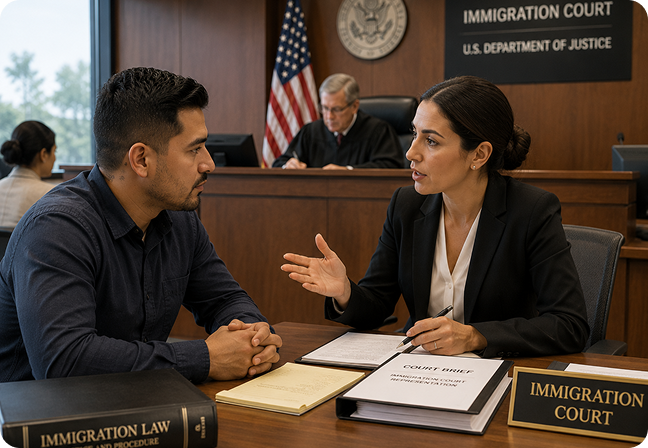 Immigration attorney representing a client in immigration court during removal proceedings and legal defense.