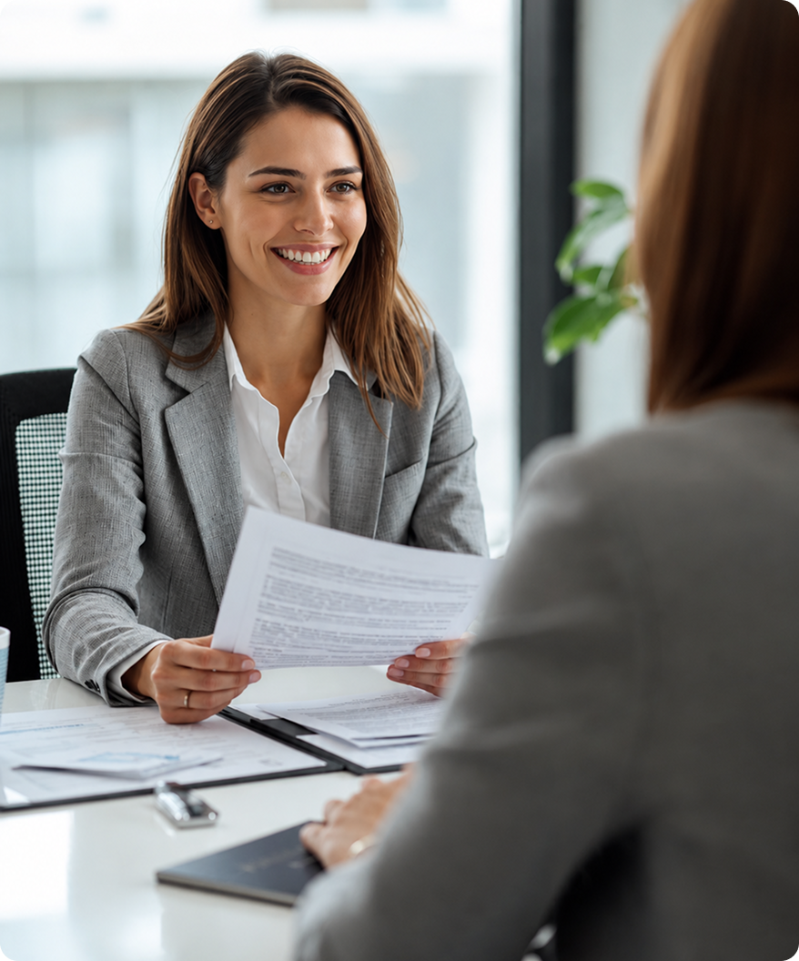 Immigration lawyer reviewing legal documents with client during office consultation