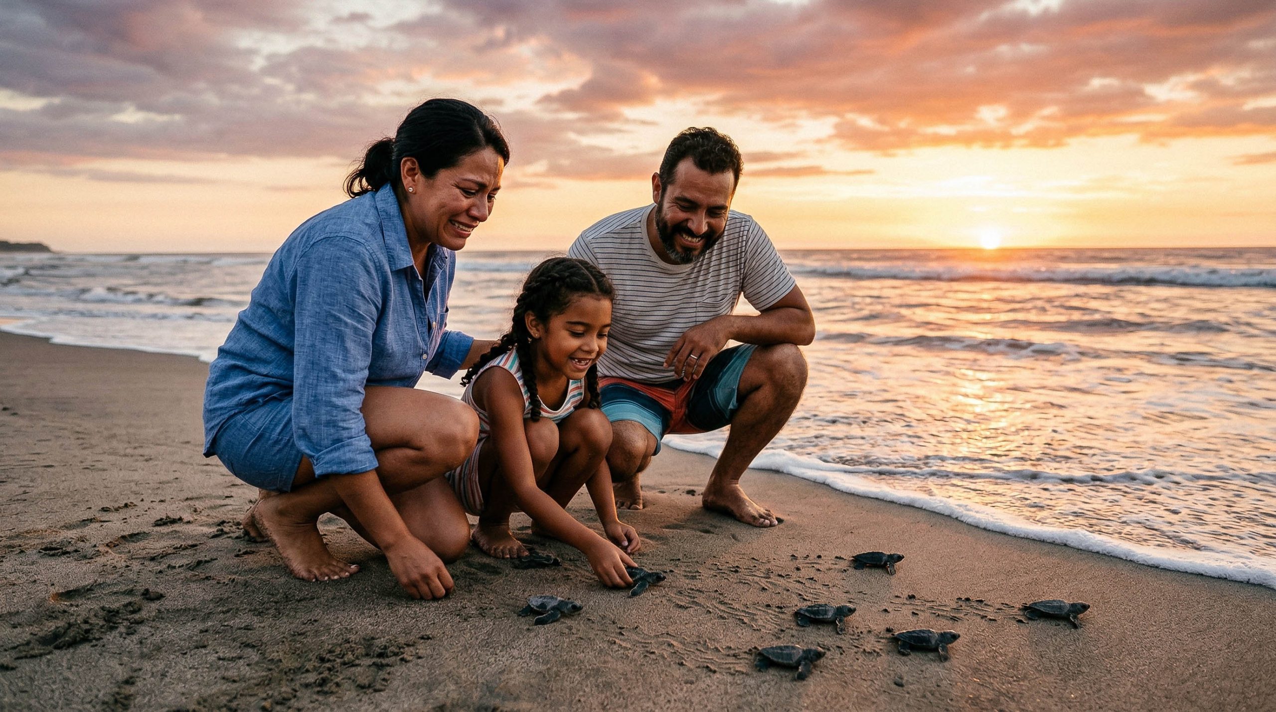 Hispanic family releasing baby sea turtles on a sandy beach at sunset