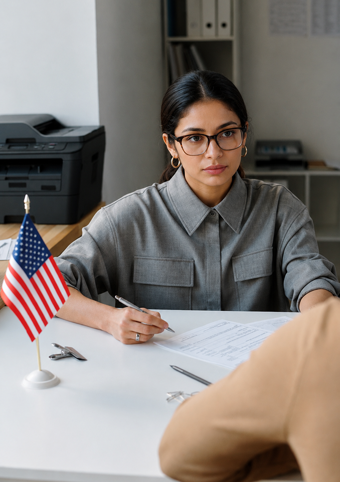 Client filling form and talking wiht lawyer
