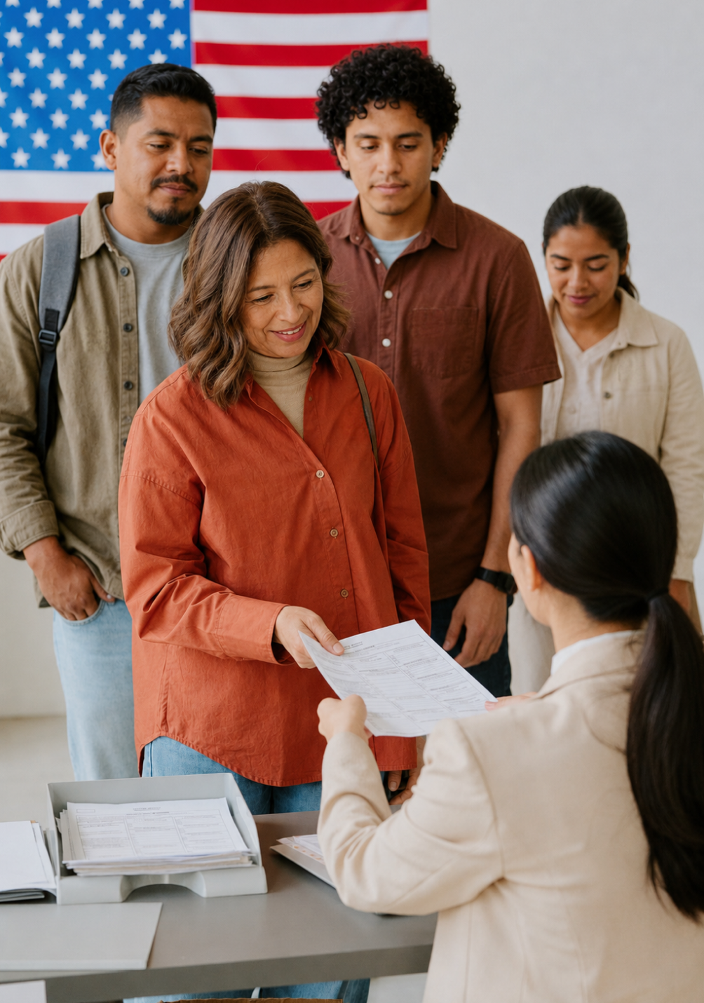 Four customer standing and filling form